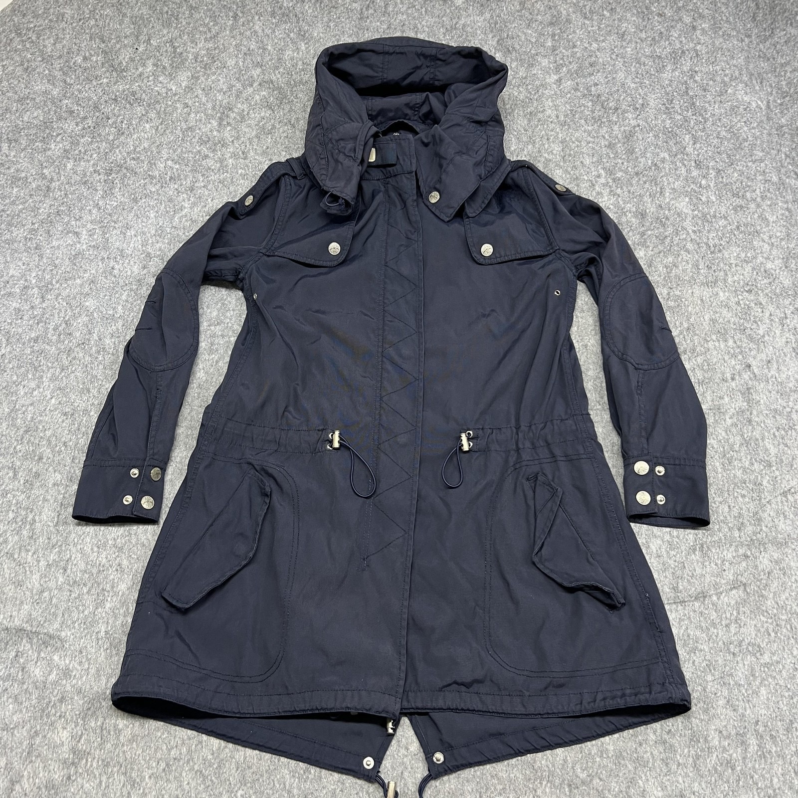 Guess Jeans Jacket Womens Medium Navy Blue Hooded Parka Coat Drawstring Pockets